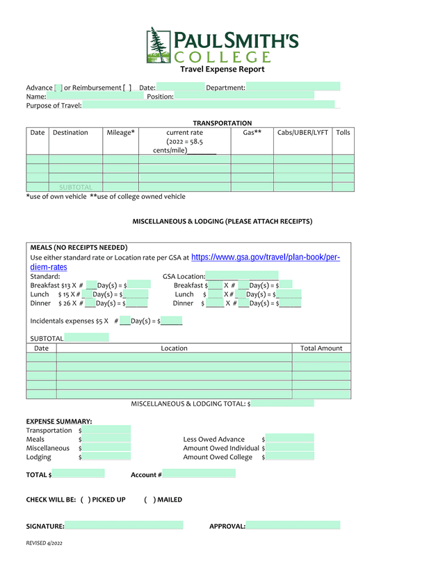 Travel Expense Report screenshot