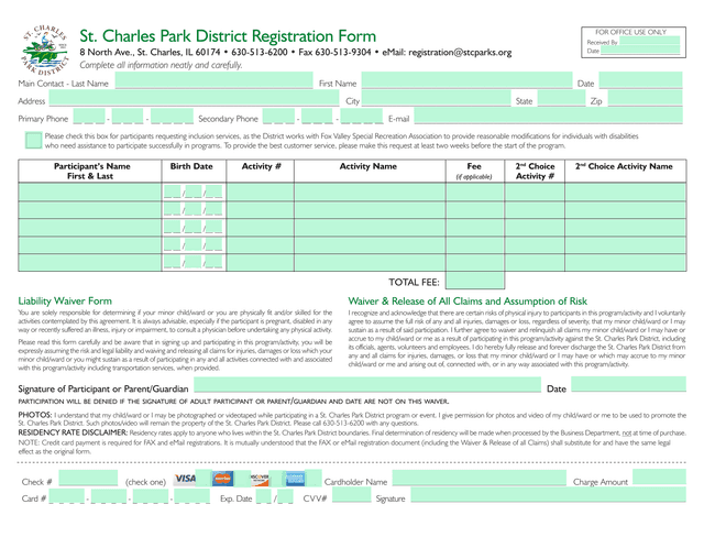 St. Charles Park District Registration Form screenshot