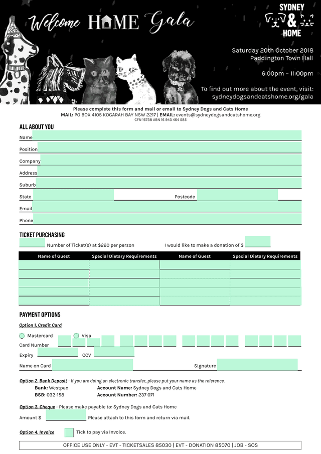 Sydney Dogs And Cats Home Event Ticket Purchase Form screenshot