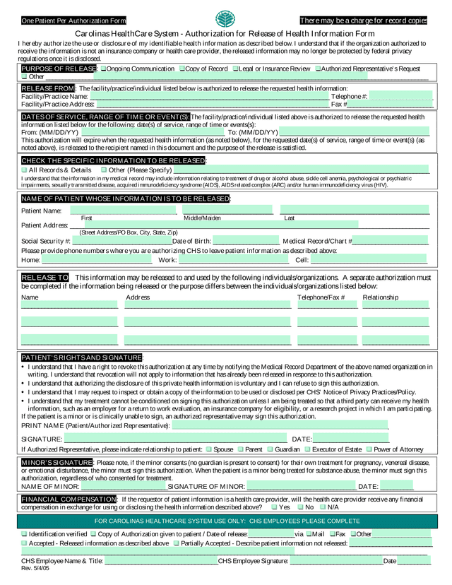 Authorization For Release Of Health Information Form screenshot