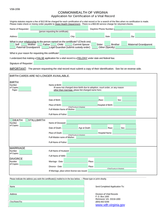 Application For Certification Of A Vital Record screenshot