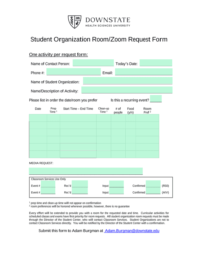 Student Organization RoomZoom Request Form screenshot