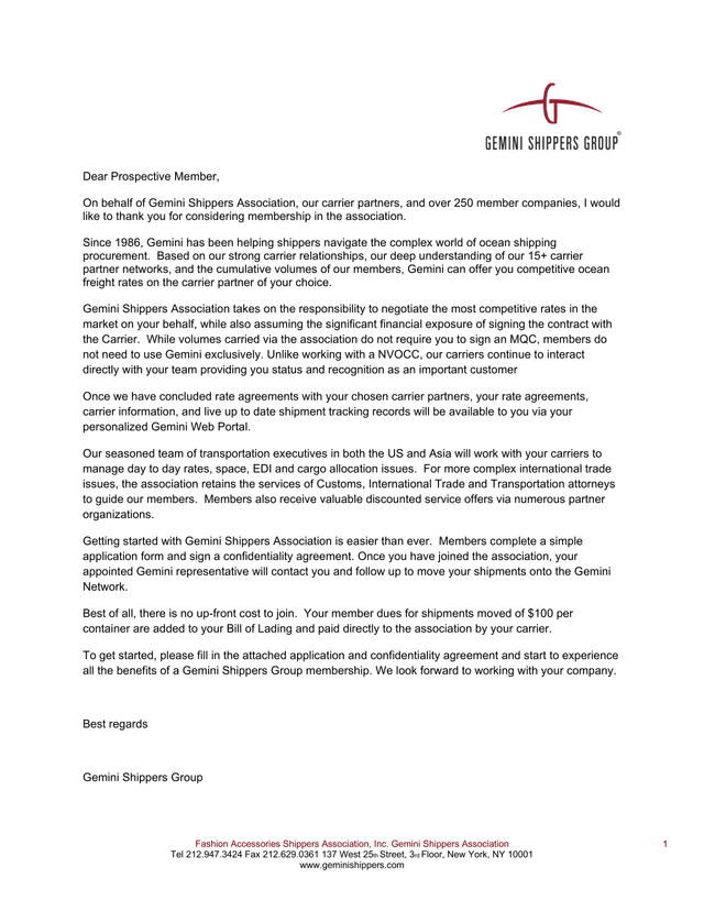 Gemini Shippers Association Membership Information screenshot