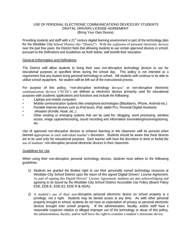 USE OF PERSONAL ELECTRONIC COMMUNICATIONS DEVICES BY STUDENTS DIGITAL DRIVERS LICENSE AGREEMENT screenshot