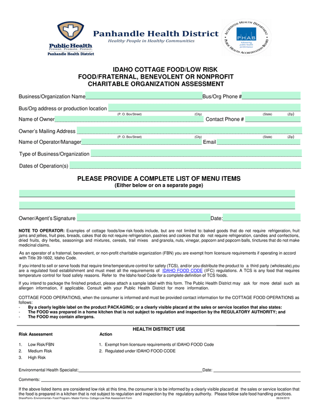 Idaho Cottage FoodLow Risk FoodFraternal, Benevolent Or Nonprofit Charitable Organization Assessment screenshot