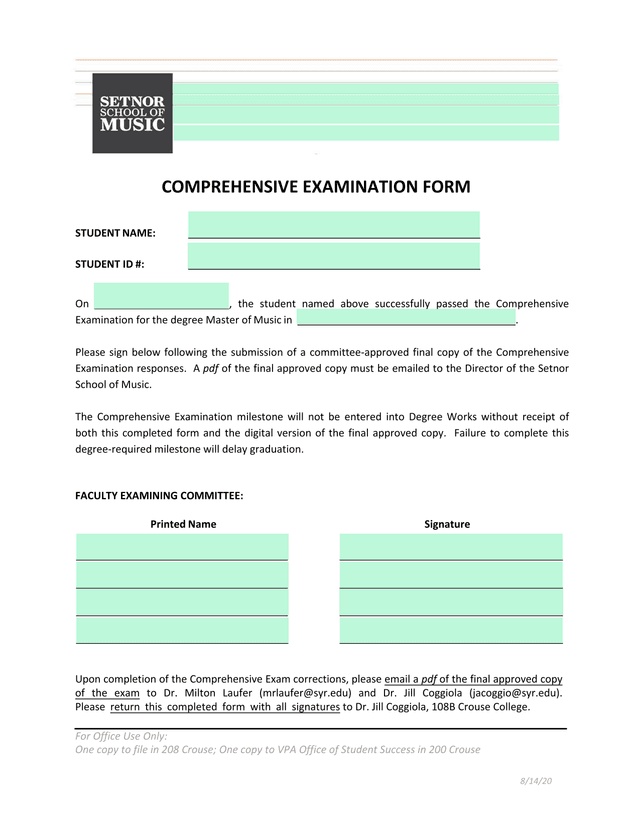 Comprehensive Examination Form screenshot