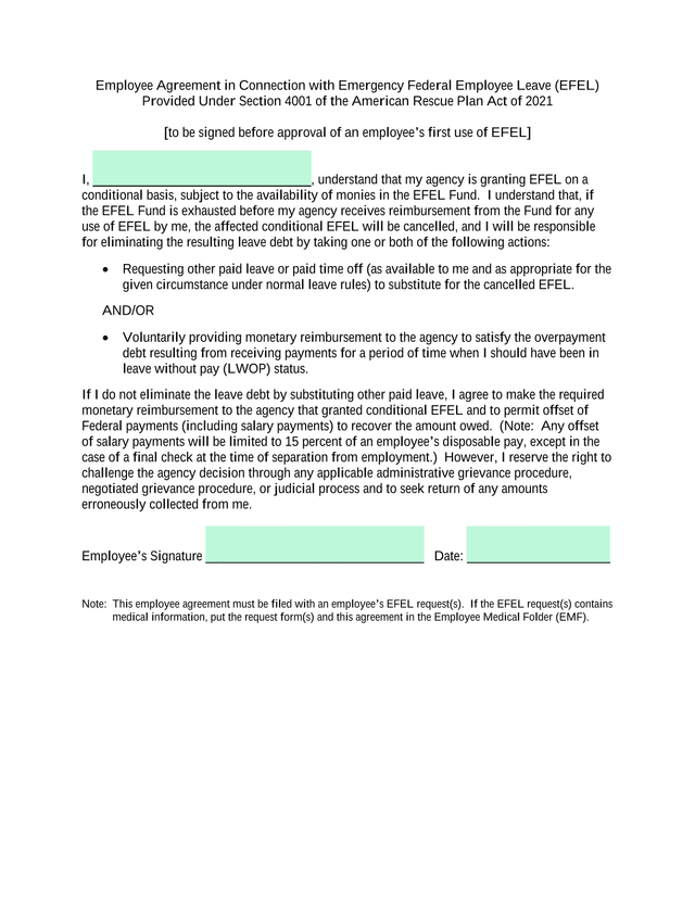 Employee Agreement In Connection With Emergency Federal Employee Leave (EFEL) screenshot