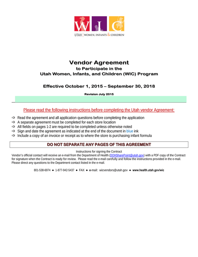 Vendor Agreement To Participate In The Utah Women, Infants, And Children (WIC) Program screenshot