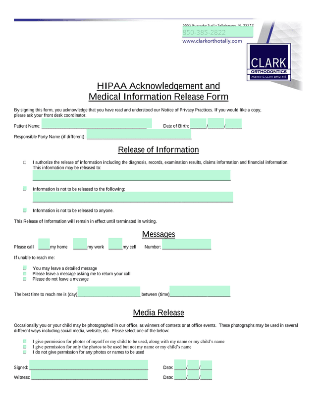 HIPAA Acknowledgement And Medical Information Release Form screenshot