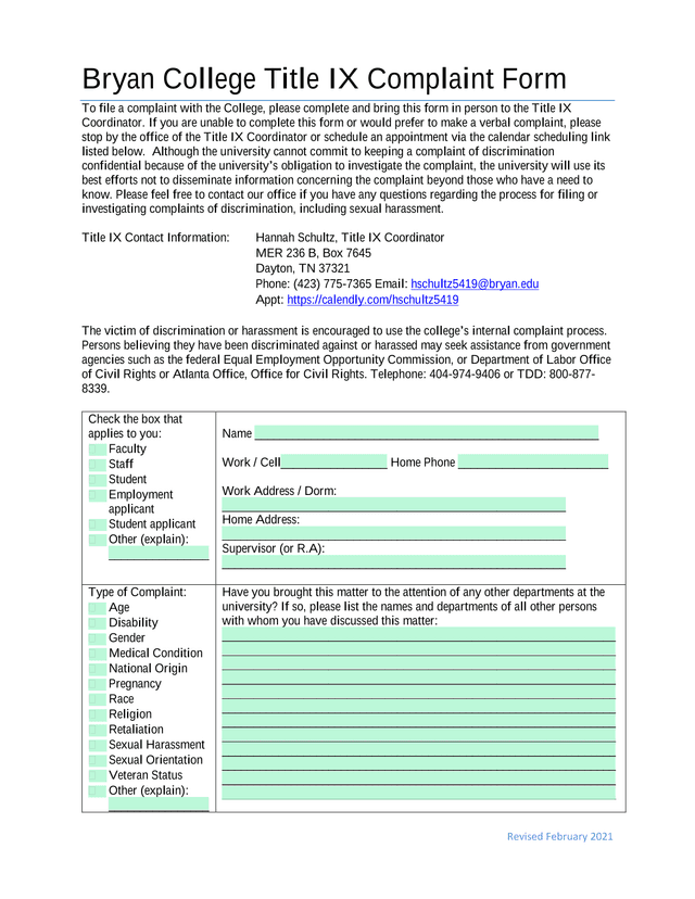 Bryan College Title IX Complaint Form screenshot