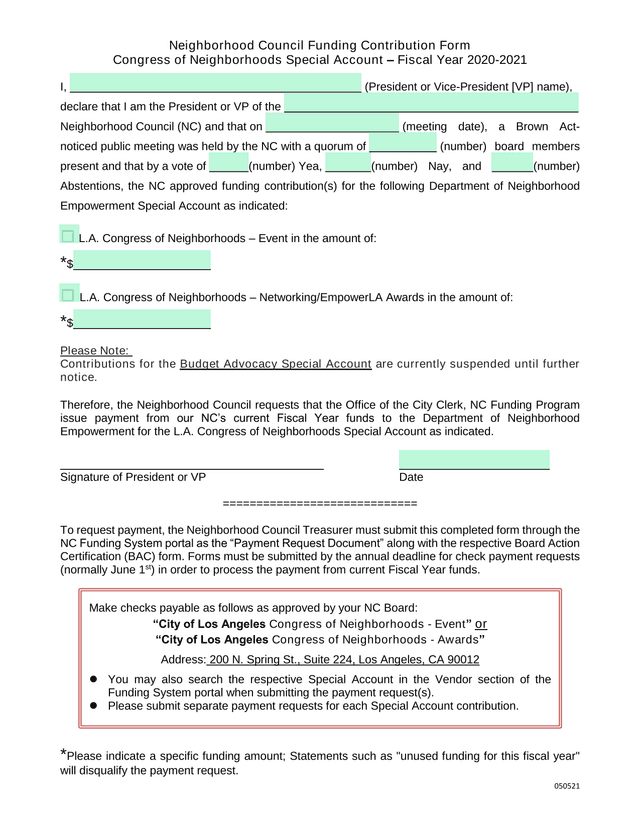 Neighborhood Council Funding Contribution Form screenshot