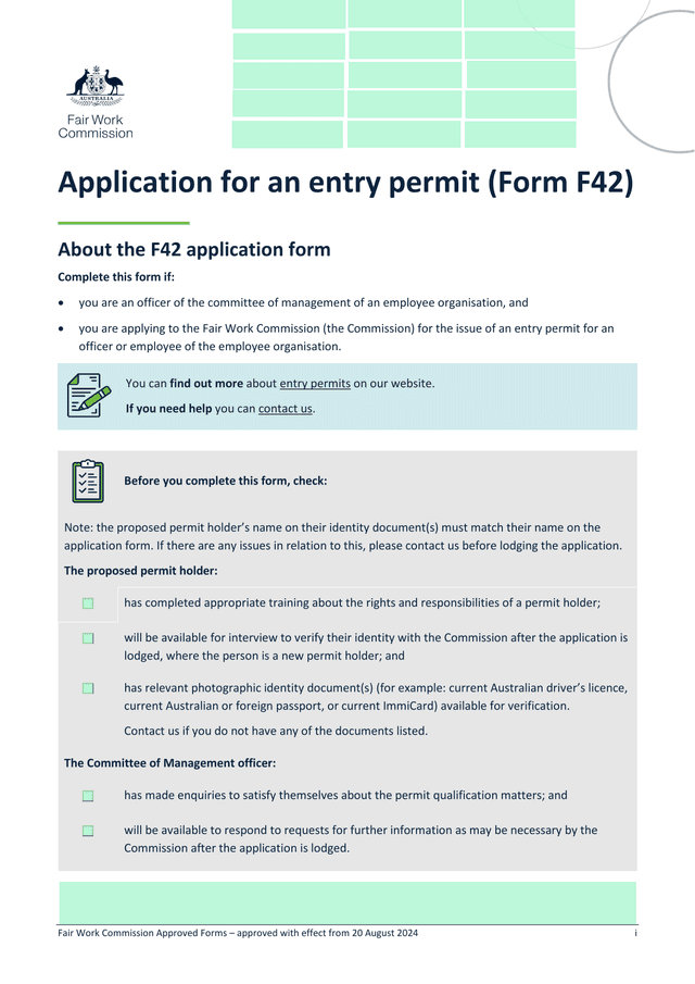 Application For An Entry Permit (Form F42) screenshot