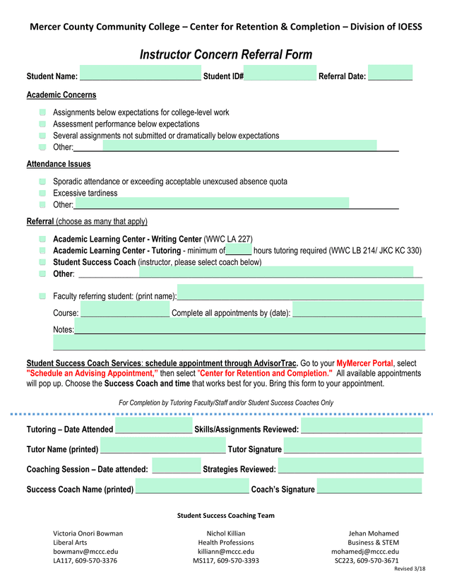 Instructor Concern Referral Form screenshot