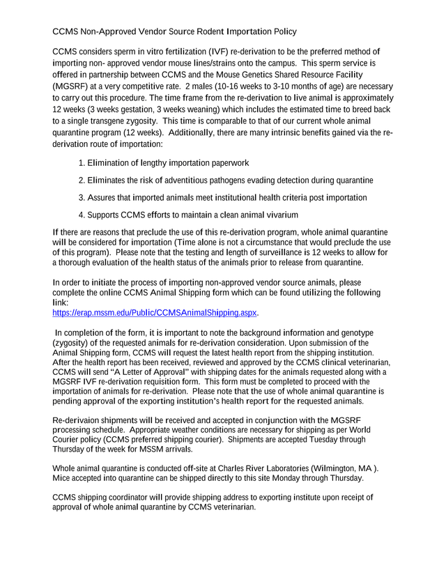 CCMS Non Approved Vendor Source Rodent Importation Policy screenshot