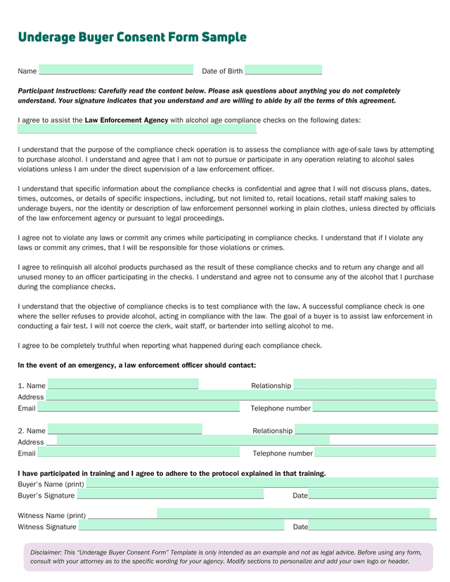 Underage Buyer Consent Form Sample screenshot