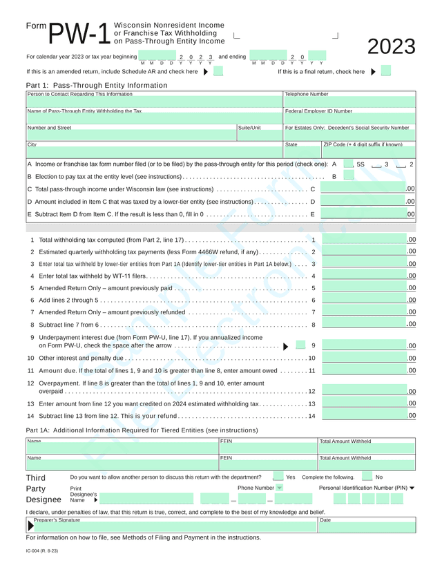 Wisconsin Nonresident Income Or Franchise Tax Withholding On Pass Through Entity Income Form PW 1 screenshot