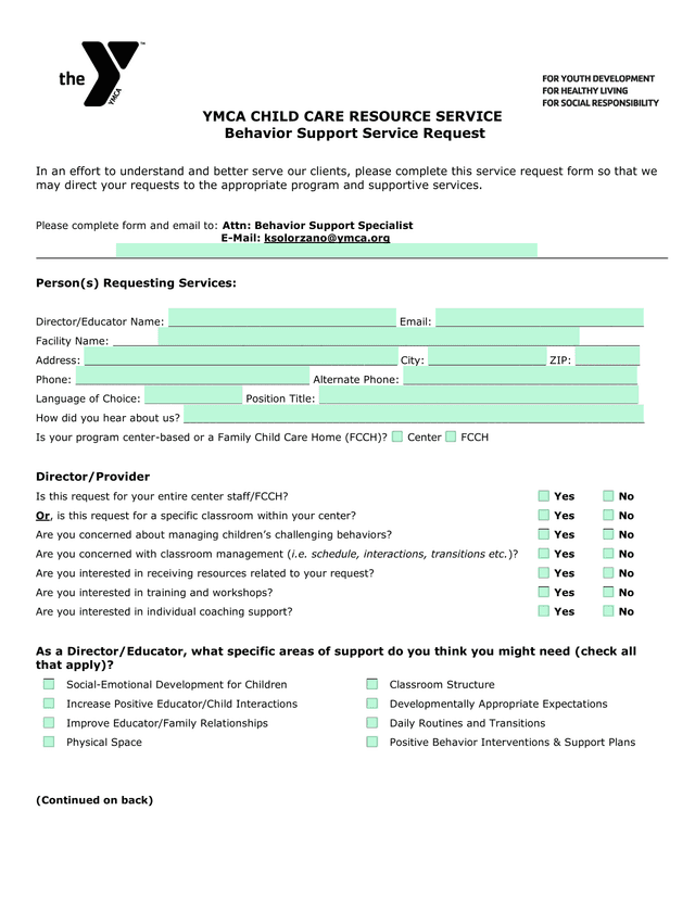YMCA Child Care Resource Service Behavior Support Service Request screenshot