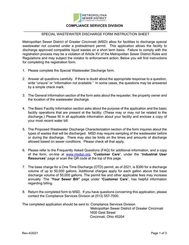 Special Wastewater Discharge Form Instruction Sheet screenshot