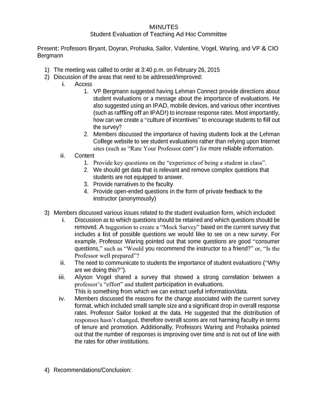 Minutes Student Evaluation Of Teaching Ad Hoc Committee screenshot