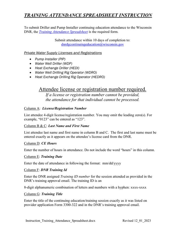 Training Attendance Spreadsheet Instruction screenshot