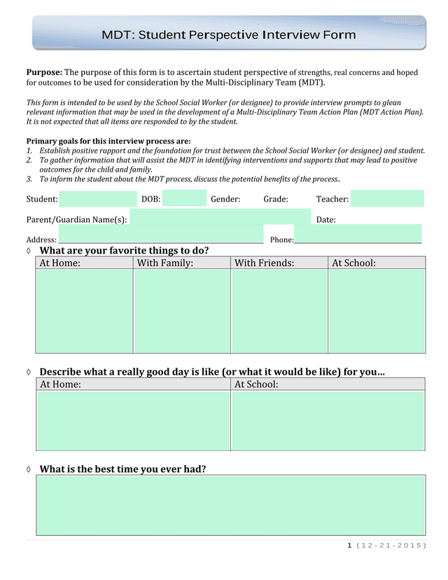 MDT Student Perspective Interview Form screenshot