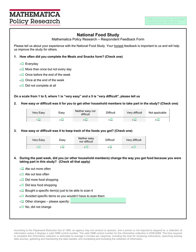 National Food Study Respondent Feedback Form screenshot