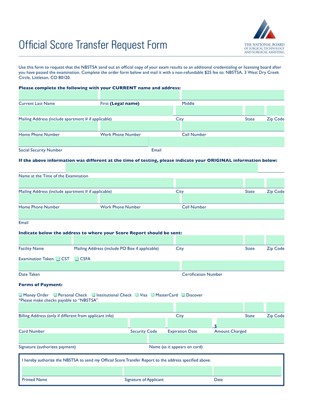 Official Score Transfer Request Form screenshot