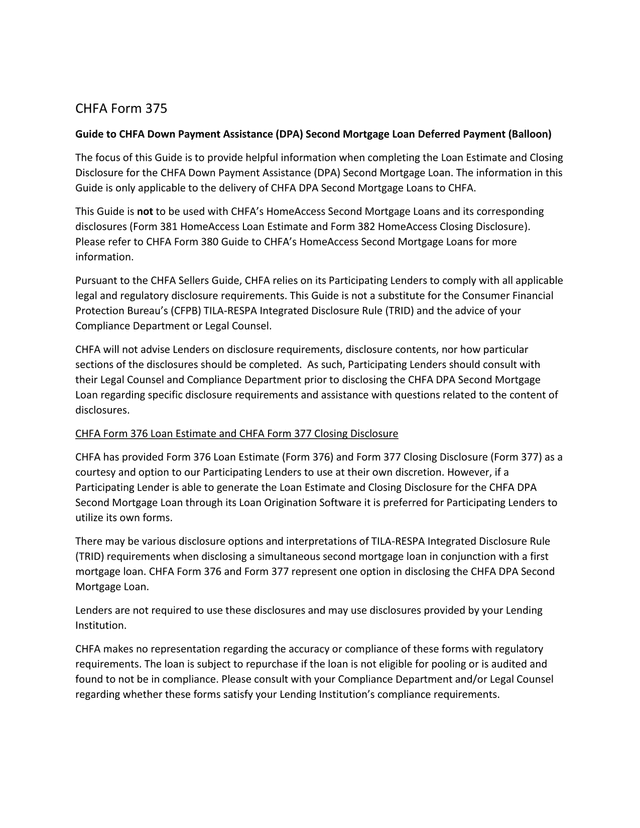 CHFA Form 375 Guide To CHFA Down Payment Assistance (DPA) Second Mortgage Loan Deferred Payment (Bal screenshot