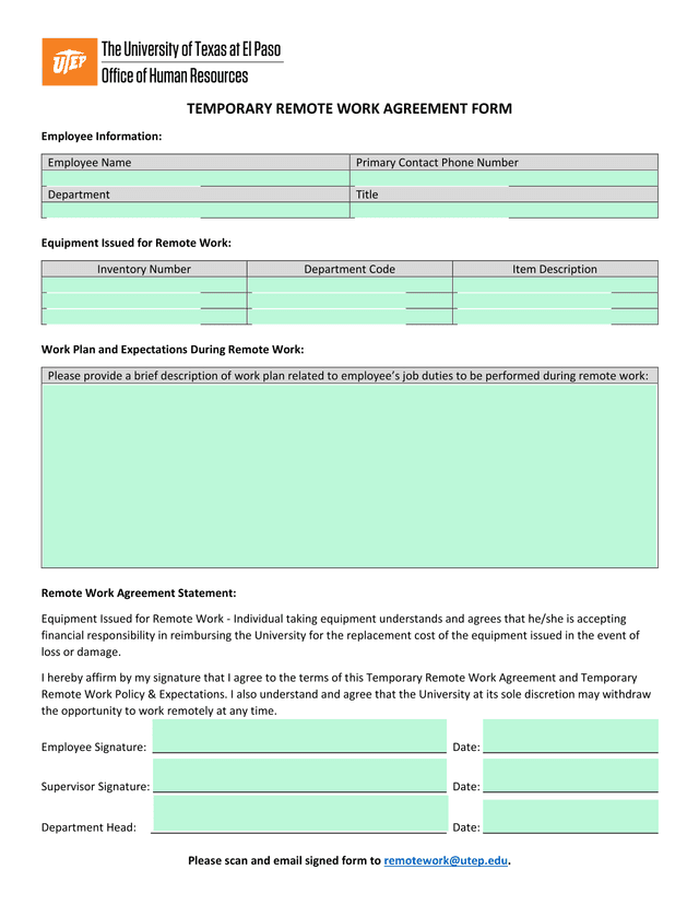 Temporary Remote Work Agreement Form screenshot