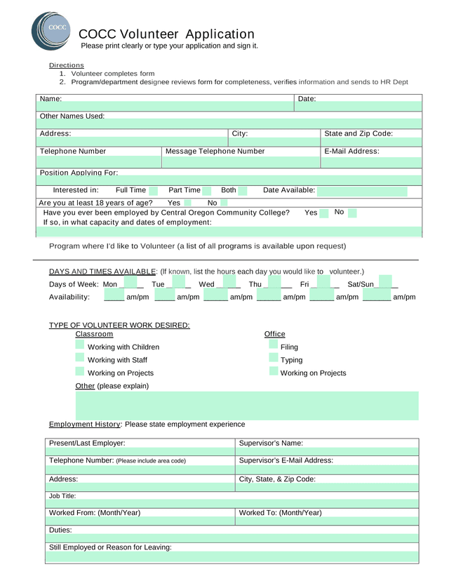 COCC Volunteer Application screenshot