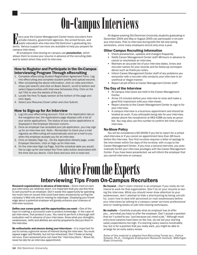 On Campus Interviews Guidelines screenshot