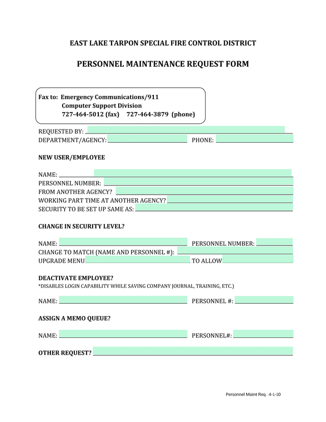 Personnel Maintenance Request Form screenshot