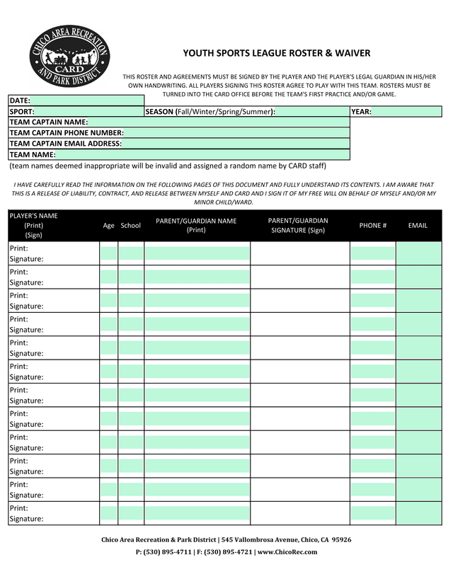 Youth Sports League Roster  Waiver screenshot