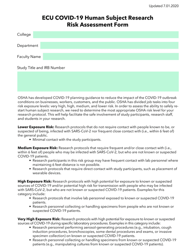 ECU COVID 19 Human Subject Research Risk Assessment Form screenshot