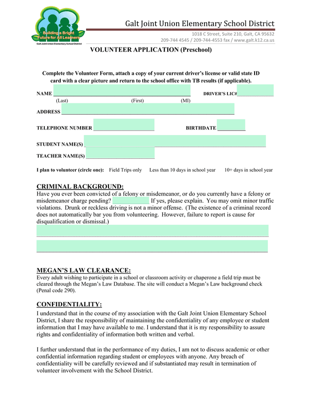 Volunteer Application (Preschool) screenshot