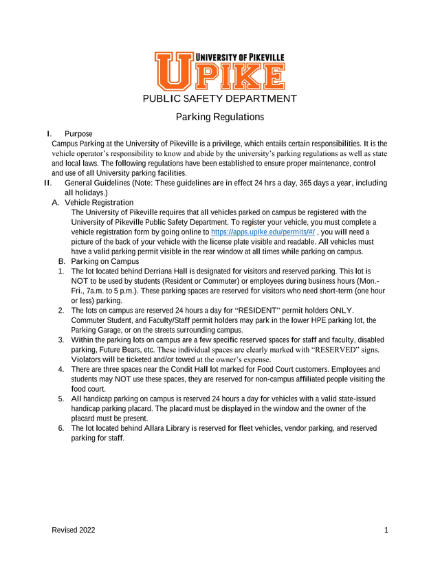 University Of Pikeville Parking Regulations screenshot