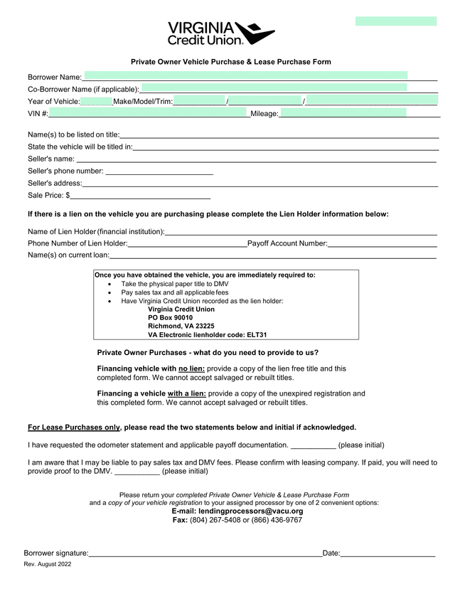 Private Owner Vehicle Purchase  Lease Purchase Form screenshot
