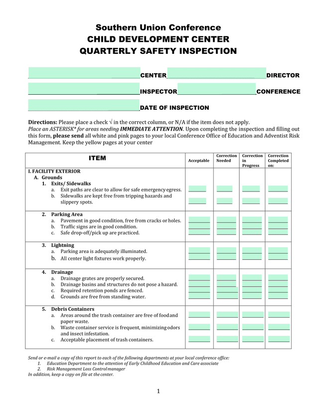 Southern Union Conference Child Development Center Quarterly Safety Inspection screenshot