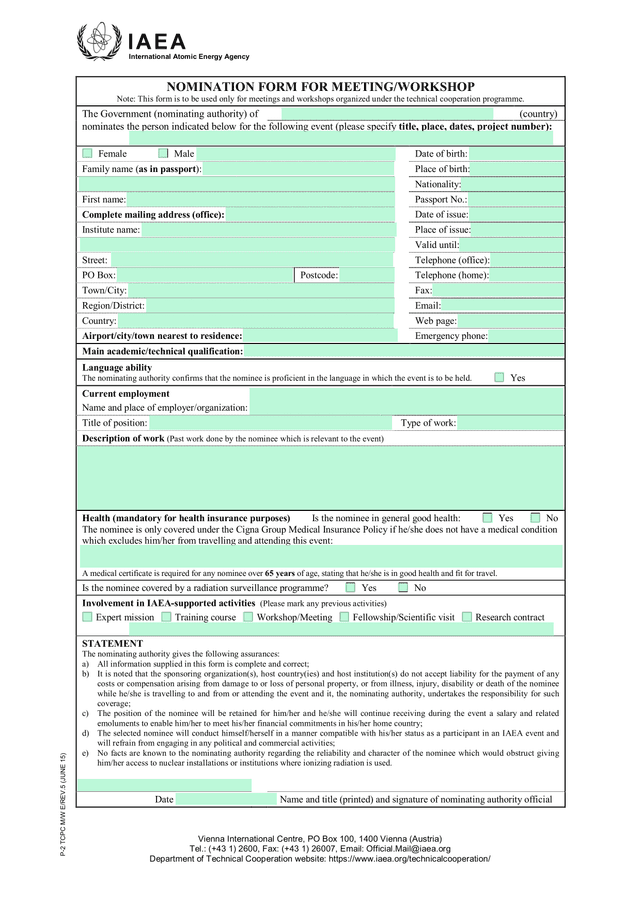 NOMINATION FORM FOR MEETINGWORKSHOP screenshot