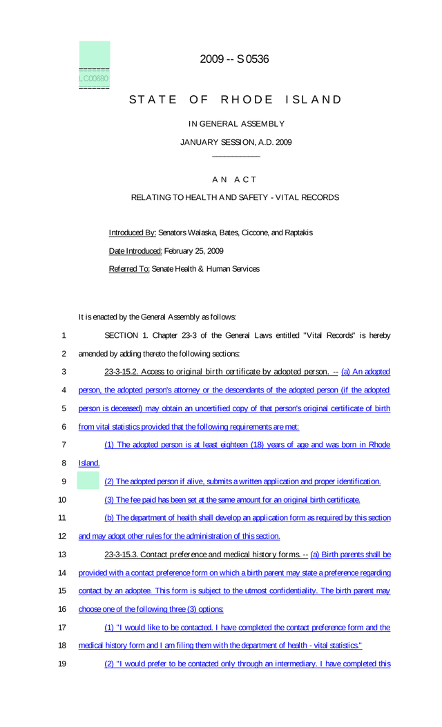 Rhode Island Vital Records Act   Adoption Birth Certificate Access screenshot
