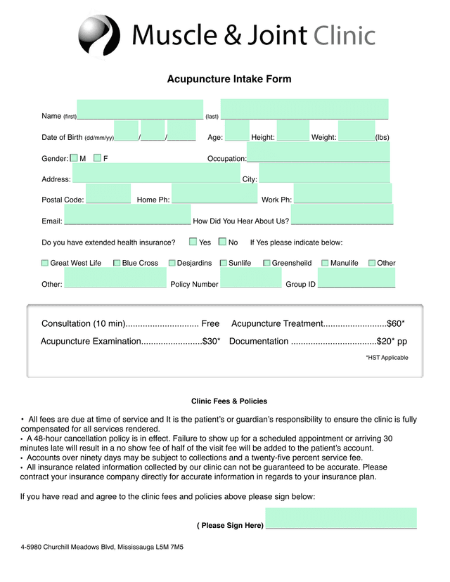 Acupuncture Intake Form screenshot