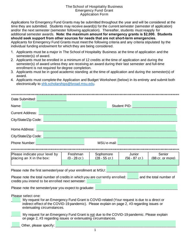 The School Of Hospitality Business Emergency Fund Grant Application Form screenshot