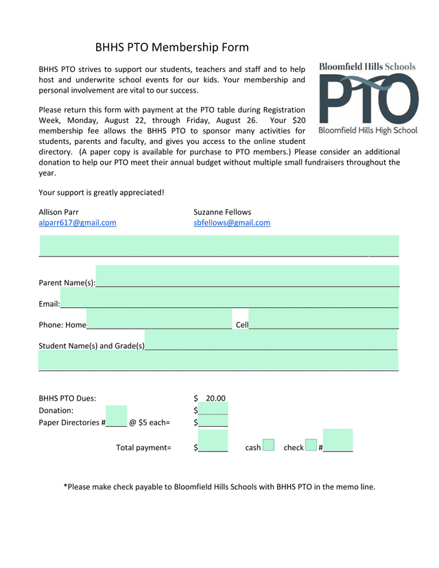 BHHS PTO Membership Form screenshot
