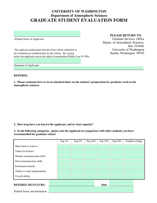 GRADUATE STUDENT EVALUATION FORM screenshot