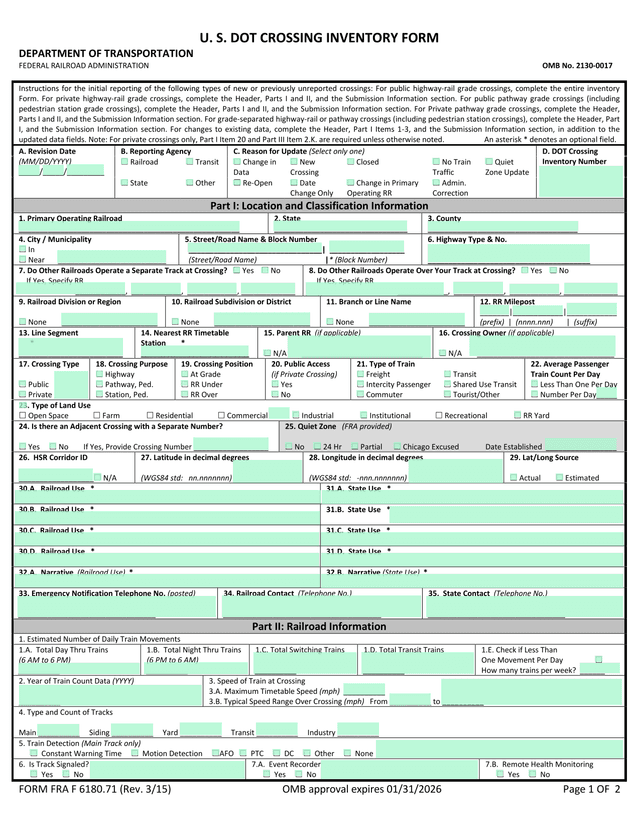 U.S. DOT Crossing Inventory Form screenshot
