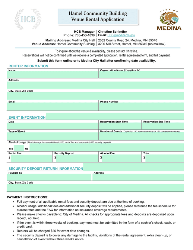 CITY OF MEDINA HAMEL COMMUNITY BUILDING RENTAL AGREEMENT screenshot