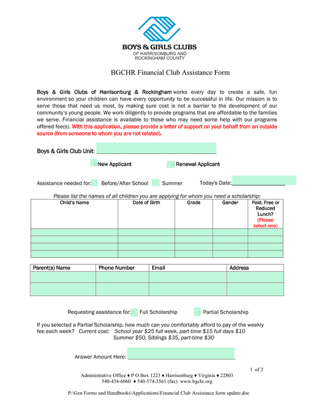BGCHR Financial Club Assistance Form screenshot