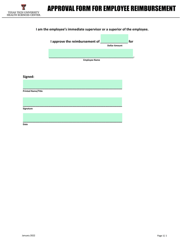 APPROVAL FORM FOR EMPLOYEE REIMBURSEMENT screenshot
