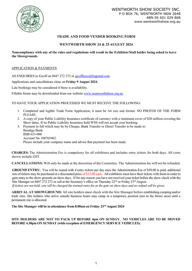 Trade And Food Vender Booking Form screenshot