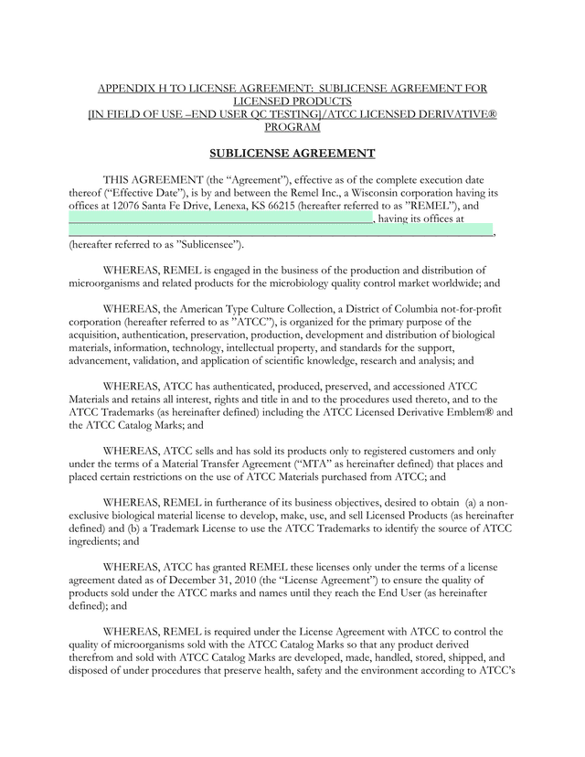 Sublicense Agreement For Licensed Products screenshot